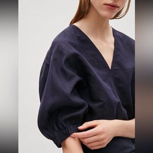 COS Navy V-Neck linen cotton blend Blouse 6